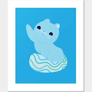 Cute Blue Water Seal Cat Posters and Art